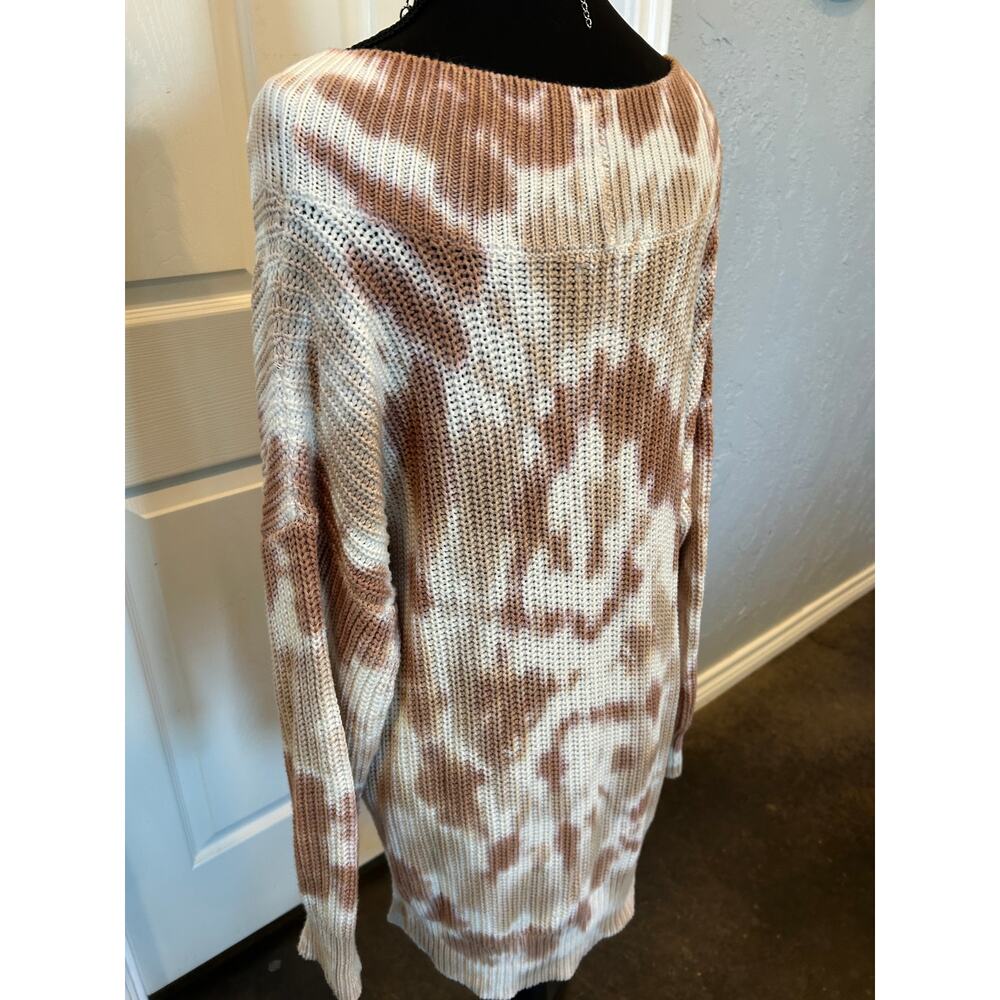 Aerie Womens XS Oversized Chunky Knit V-Neck Tie Dye Sweater Brown Cream Slouchy - Picture 3 of 8